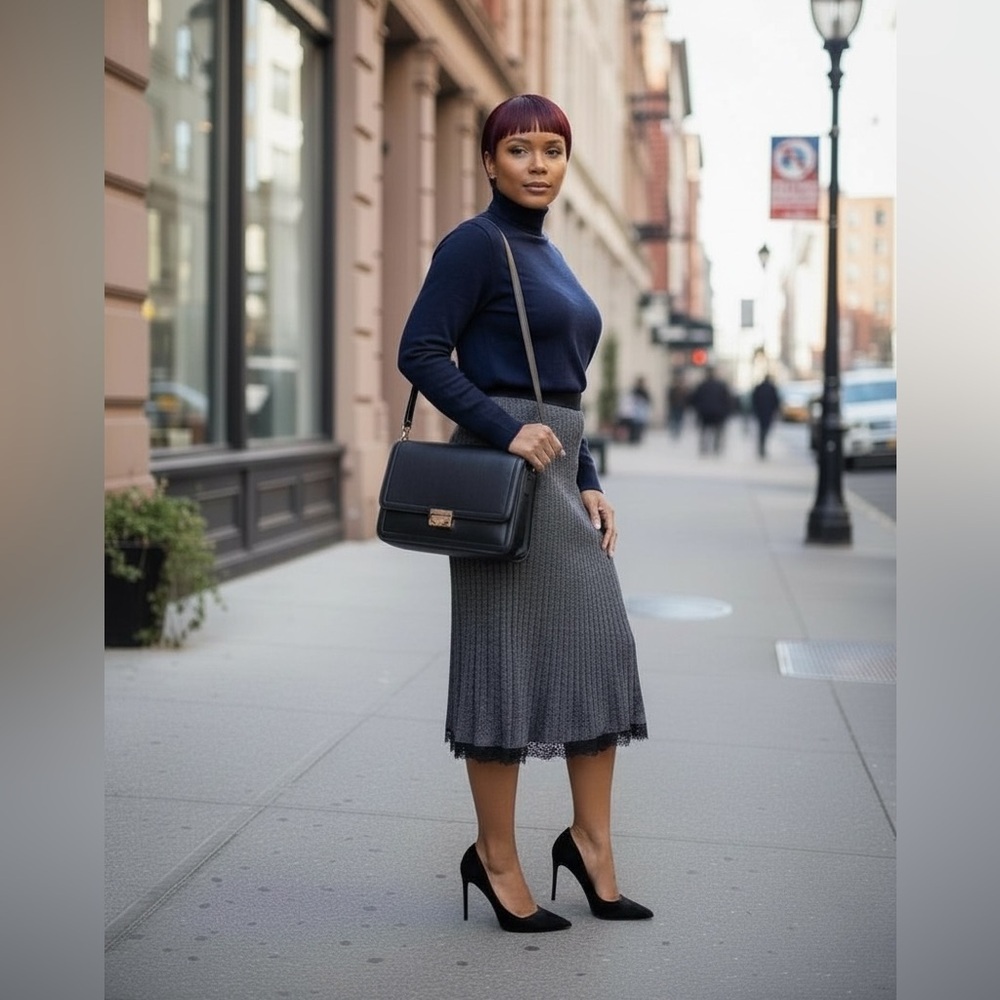 Navy Turtleneck Ellen Tracy Paired with a Ellen Tracy Gray Pleated Skirt c close - Picture 2 of 12
